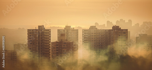 A city surrounded by three residential buildings with a fogfilled sky AI Generated photo