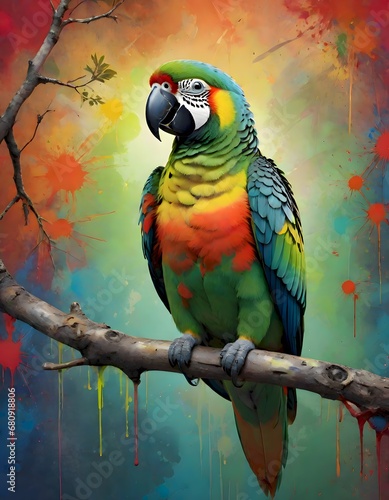 Green Parrot on Vibrant Paint Splash Background