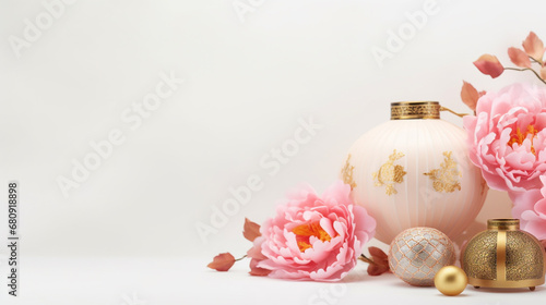 Chinese new year, Year of Dragon,lunar new year,festival,pink peony, lanterns, chinese lanterns, lamp, moon,Greeting card,paper cut,wall paper, background,white background,with space for your text