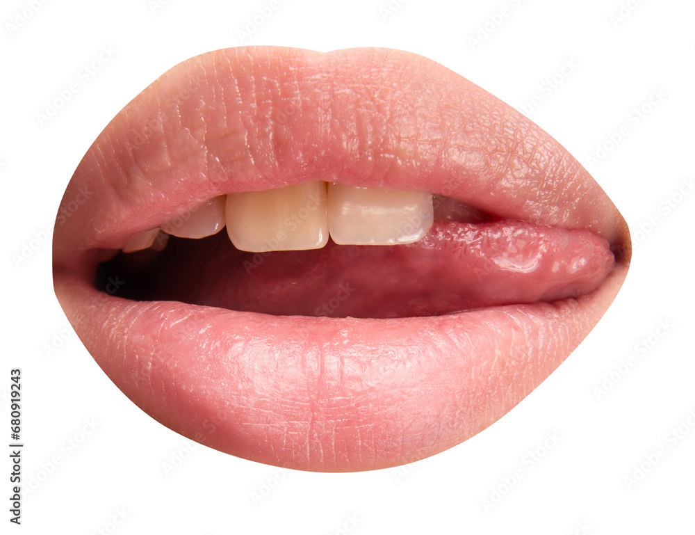 Open mouth, tongue touches teeth. Woman licking pink natural gloss lips isolated transparent background. Beautiful plump lips. Open mouth, tongue touches teeth. Woman licking pink natural gloss lips isolated transparent background. Beautiful plump lips.