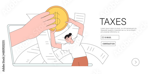 Tax time vector illustration. Character preparing documents for tax calculation, making income tax return and calculating business invoices. Taxation concept.