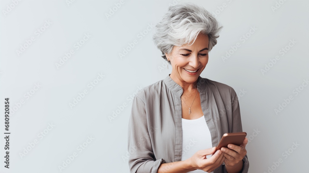 stylish senior woman with grey hair talking online using smartphone, modern lifestyle of the elderly, on light pastel background with copy space - obrazy, fototapety, plakaty 
