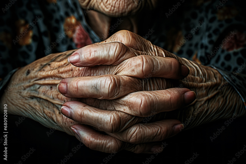 Fototapeta premium AI Generated Image. Close up wrinkled hands of the senior elderly woman