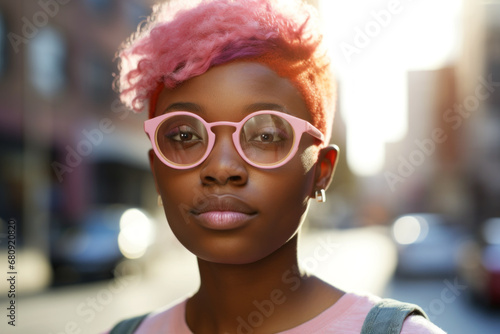 AI Generated Image. Serene introspective African American teenage girl with pink dyed hair and wearing eyeglasses while walking on a city street photo