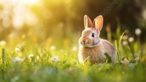 cute little bunny in grass, springtime background