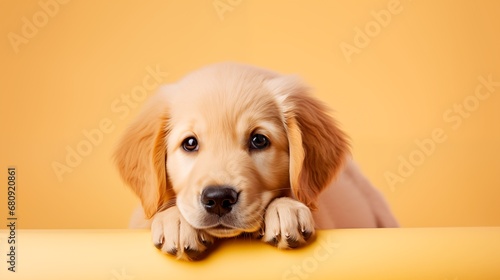 portrait of a cute golden retriever dog puppy on a light yellow background with space for text, copy space