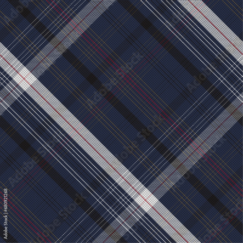 Diagonal Gingham Abstract Plaid Seamless Pattern in Navy Blue, Black, White. Pixel textured tartan