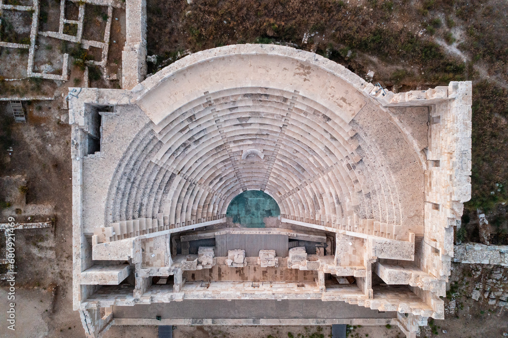 Fototapeta premium Ariel Panoramic view of Patara Assembly Hall (aka Patara Meclis Binası), Patara Ancient City, Antalya, Turkey