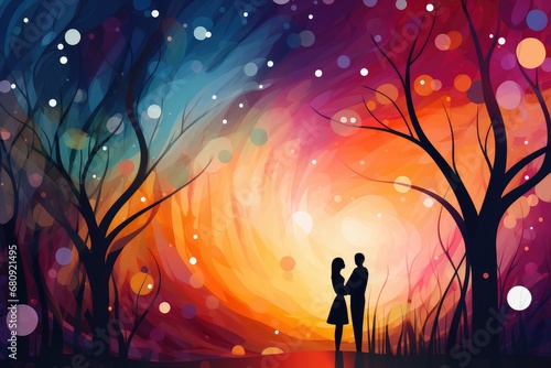 A couple in love standing in the forest at sunset. Abstract background for Spouse's Day.  photo