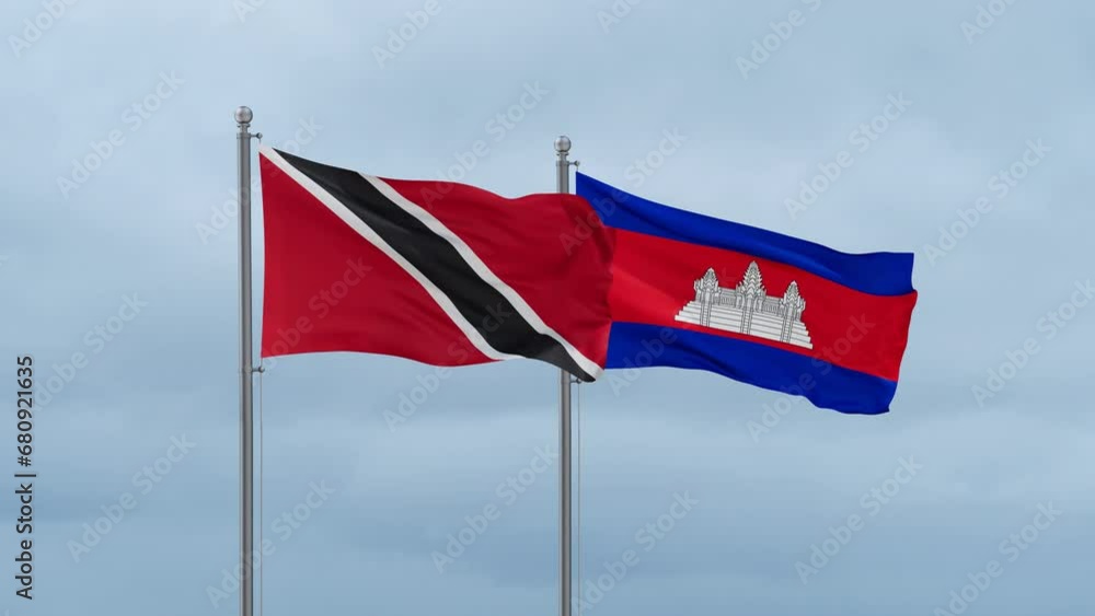 Cambodia flag and Trinidad and Tobago flag waving together on cloudy sky, endless seamless loop, two country relations concept Cambodia flag and Trinidad and Tobago flag waving together on cloudy sky, endless seamless loop, two country relations concept