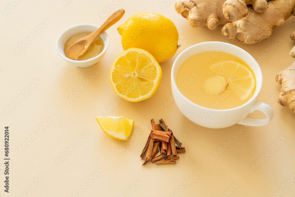 Ginger tea and ingredients - lemon, ginger, honey, Ginger tea and ingredients - lemon, ginger, honey,