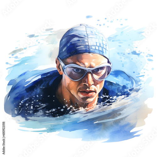Professional swimmer with watercolor paints on a white background.