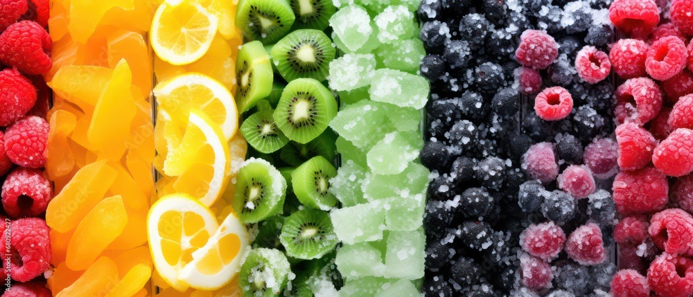 vertical arrangement of frozen fruits i, top view   - obrazy, fototapety, plakaty 