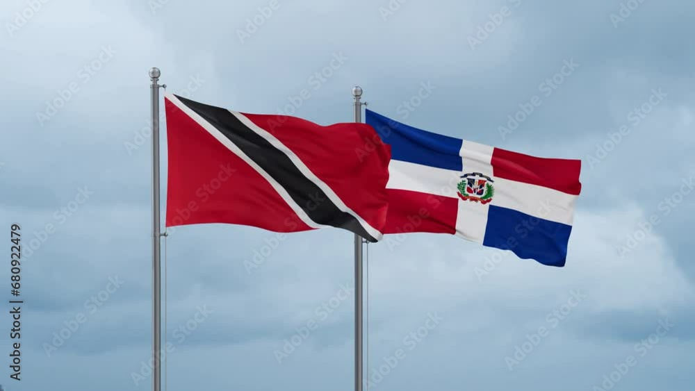 Dominican Republic flag and Trinidad and Tobago flag waving together on cloudy sky, endless seamless loop, two country relations concept Dominican Republic flag and Trinidad and Tobago flag waving together on cloudy sky, endless seamless loop, two country relations concept