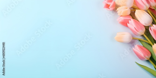 tulip flowers on pastel background. Creative lifestyle, summer, spring concept. Copy Space. Generative AI