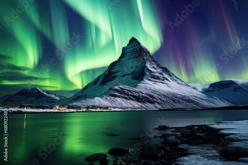 Aurora borealis in the night sky over the mountain peak, The tallest mountain in the world at night with the northern lights, AI Generated