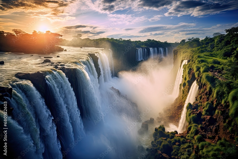 Iguazu Falls at sunset, border of Brazil and Argentina, The Iguazu Waterfalls in Brazil, AI Generated - obrazy, fototapety, plakaty 