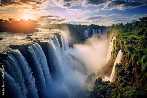 Iguazu Falls at sunset, border of Brazil and Argentina, The Iguazu Waterfalls in Brazil, AI Generated