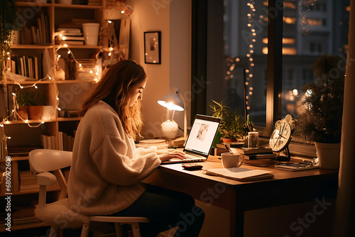 A warm and inviting scene of a women sitting in a cozy, well-lit home office, deeply engaged in writing their New Year's resolutions photo