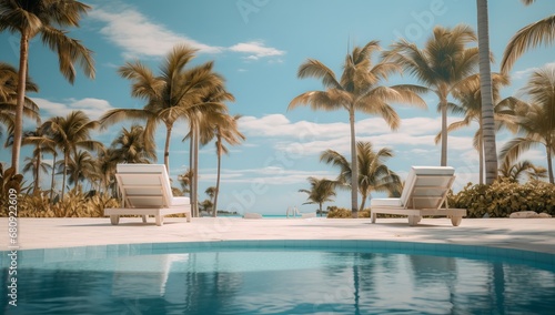 Two Relaxing Lounge Chairs by a Serene Pool with Lush Palm Trees © Marius