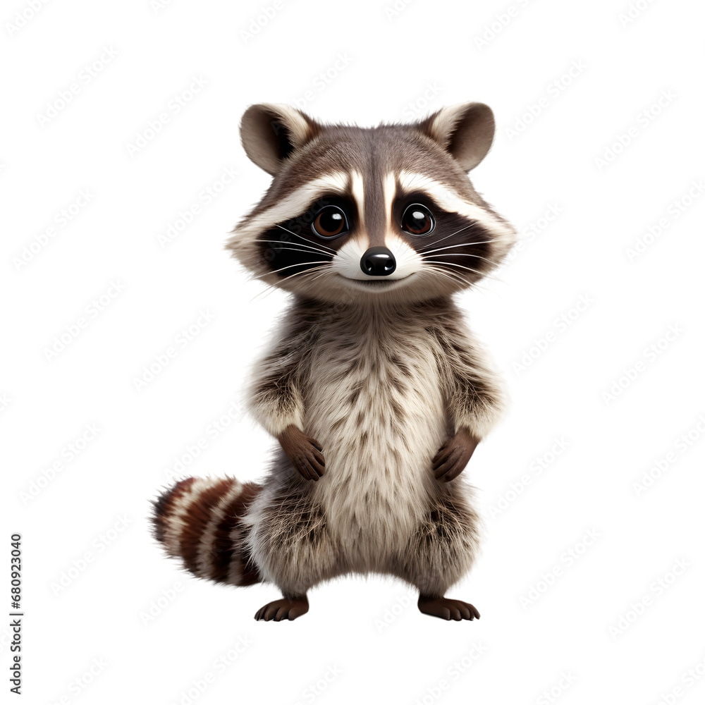 Adorable Raccoon Standing Upright with Expressive Eyes and Detailed Fur Texture on Transparent Background, Ideal for Educational Content, Wildlife Themes, and Digital Animal Illustrations