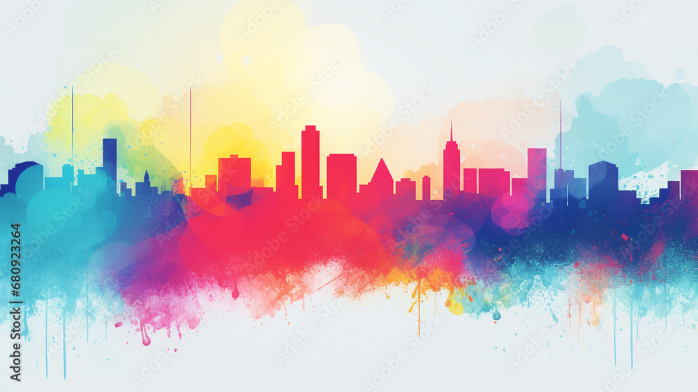 banner with city on abstract colorful dust background.