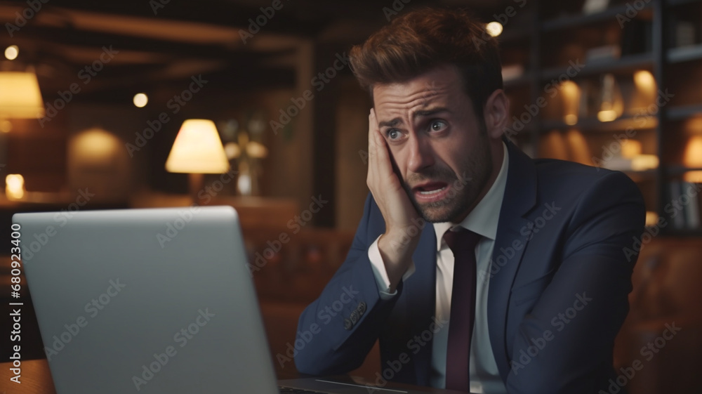 Businessman stressed and frustrated for computer news - obrazy, fototapety, plakaty 