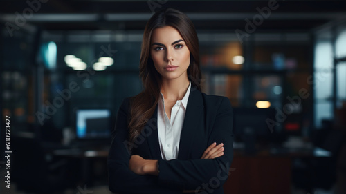 business woman posing crossed hands looking at camera in office corporate portrait