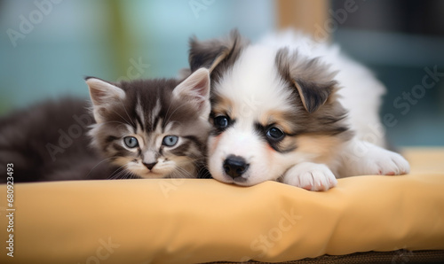 cat and puppy sleep together