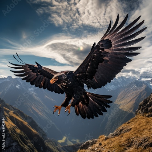 a bird flying over mountains