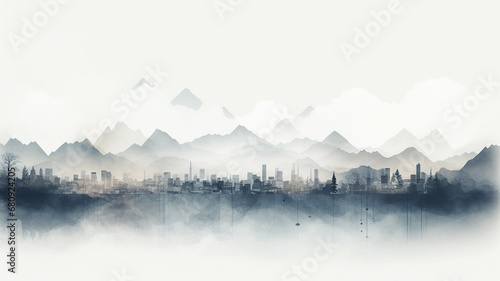 City skyline in the style of watercolor  on a white background