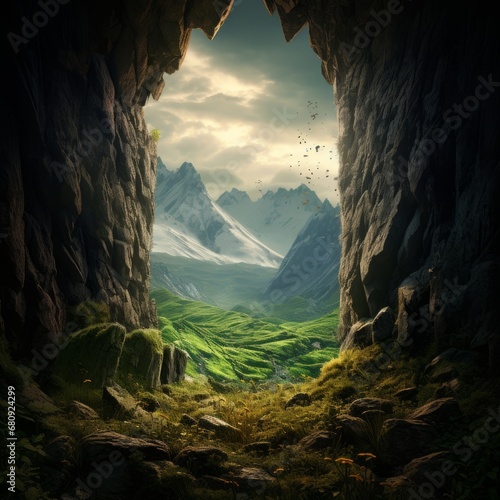 a cave with a view of mountains and grass