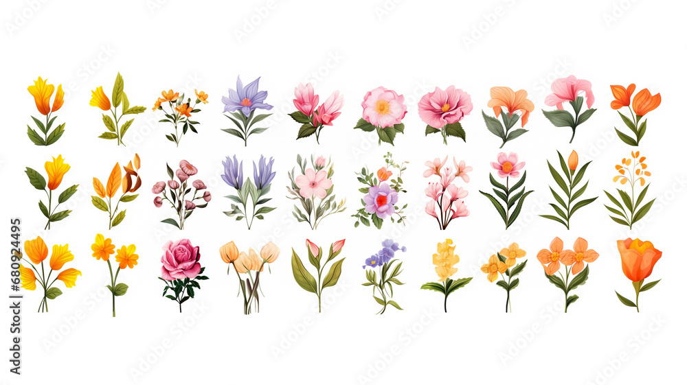 collection set plants flowers on white background
