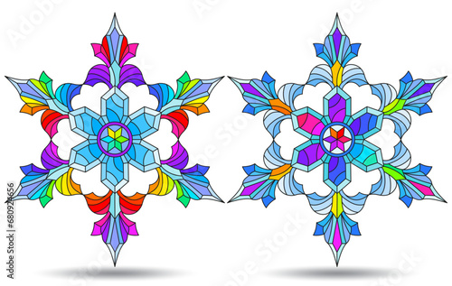 Set of illustrations in stained glass style with a bright openwork snowflakes, isolated on a white background