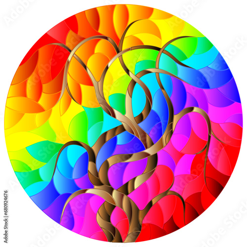 An illustration in the style of a stained glass window with an abstract tree on the bright background round image