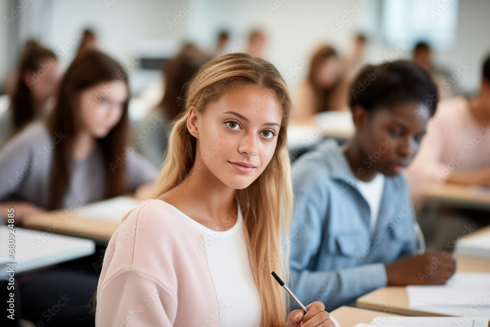 a girl student is sitting behind a desk at a lecture in an auditorium at a university. The concept of education in higher institutions of science. a girl student is sitting behind a desk at a lecture in an auditorium at a university. The concept of education in higher institutions of science.