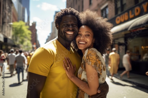 Happy couple embracing on a bustling city street, with a sunlit urban backdrop.