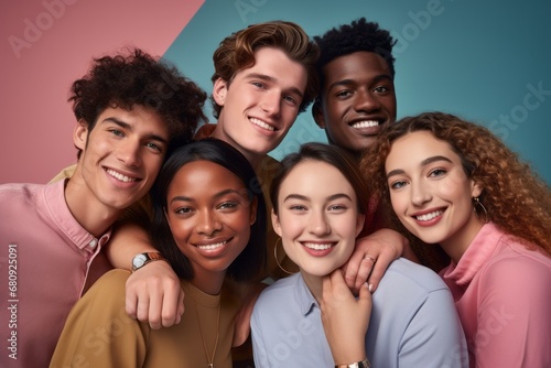 Group of diverse young adults smiling together against a colorful background. Concept of friendship and unity.