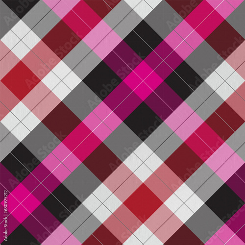 Diagonal Gingham Retro Plaid Seamless Pattern in Black, Red,Pink with Herringbone