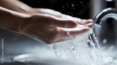 Hand washing poster web page PPT background, a person stands in front of the sink, stretches out his hands and puts them under the faucet © Derby