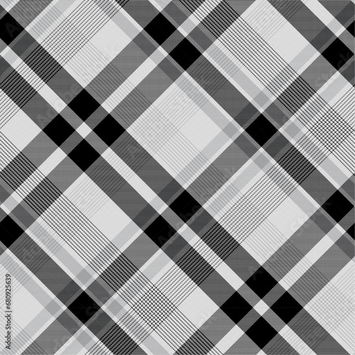 Diagonal Gingham Black White Plaid Pattern Seamless Vector Graphic. Simple Windowpane, Lumberjack Plaid