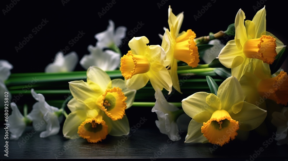 Bouquet of yellow daffodils on a dark background Bouquet of yellow daffodils on a dark background
