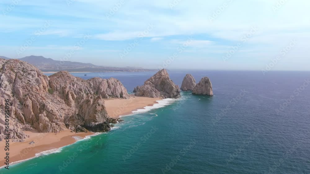 Mexico, Cabo San Lucas: Aerial view of famous resort city on southern tip of Baja California peninsula, Lovers Beach (Playa de los Amantes) - landscape panorama of Latin America from above Mexico, Cabo San Lucas: Aerial view of famous resort city on southern tip of Baja California peninsula, Lovers Beach (Playa de los Amantes) - landscape panorama of Latin America from above