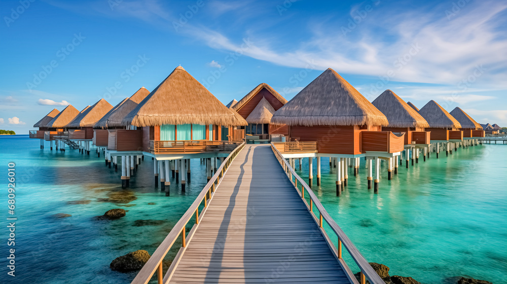 tropical water home villas on Maldives island at summer vacation.  - obrazy, fototapety, plakaty 