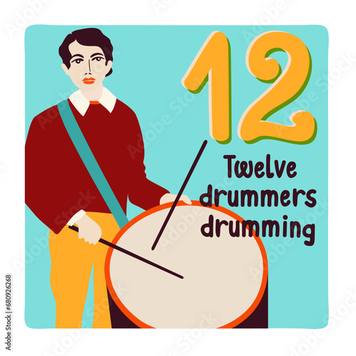 Twelve drummers drumming. Twelve days of Christmas. Vector illustration.