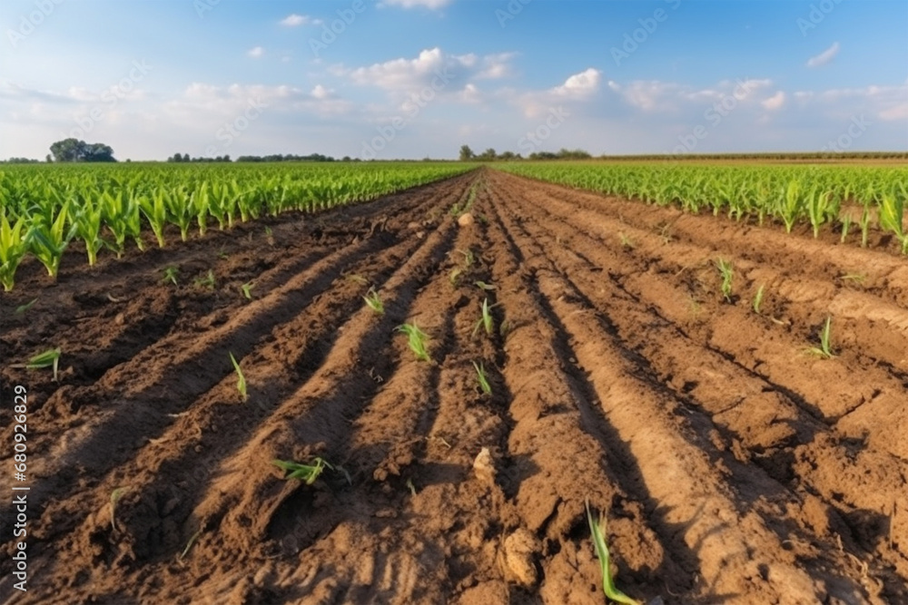 Agricultural field with corn on the ground