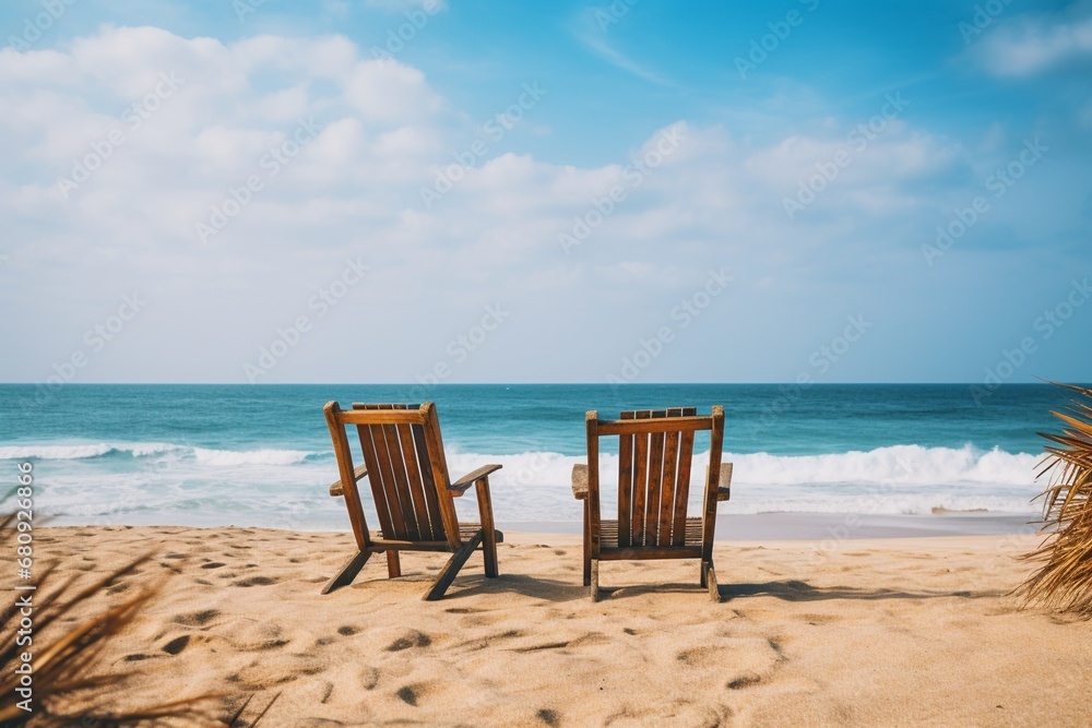 A close up stock photo of a two lounge Beach chairs on tropical beach