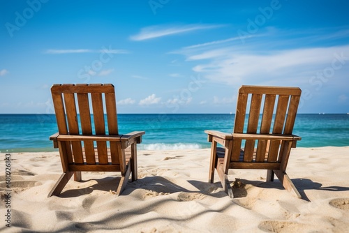 A close up stock photo of a two lounge Beach chairs on tropical beach