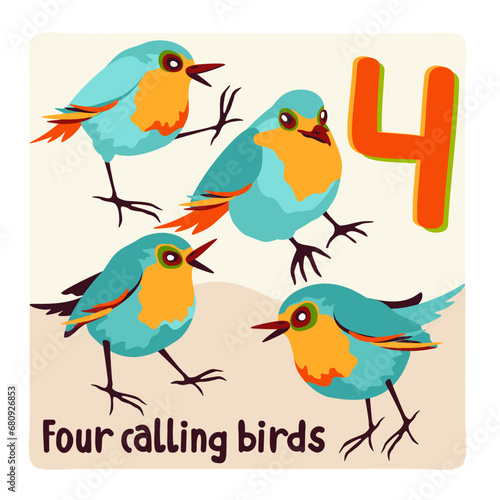 Four calling birds. Twelve days of Christmas. Vector illustration.