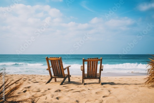 A close up stock photo of a two lounge Beach chairs on tropical beach